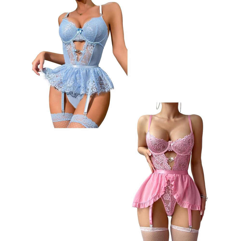6071 Sexy Lingerie Naughty Lace Garter Lingerie Set with Underwire Push Up